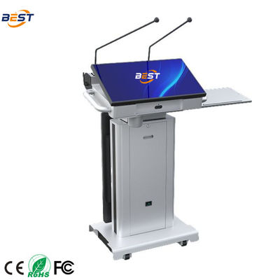 Smart Multimedia Podium with Adjustable Screen Angle 10-40°, 150mm Max Lifting Height, and Optional 32 Inch Smart Kiosk Screen