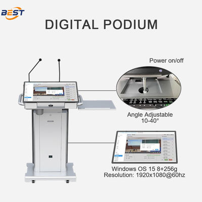 Smart Multimedia Podium with Adjustable Screen Angle 10-40°, 150mm Max Lifting Height, and Optional 32 Inch Smart Kiosk Screen