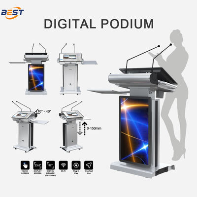 Smart Multimedia Podium with Adjustable Screen Angle 10-40°, 150mm Max Lifting Height, and Optional 32 Inch Smart Kiosk Screen