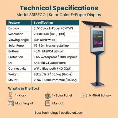 31.5 Inch CMYKW E-Paper Display with IP65 Protection for Outdoor Solar Signage