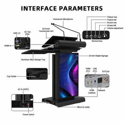 Black High Brightness Smart Podium 23.6 Inch 4K PCAP Touch Screen 32 Inch Front Signage Lectern for Conference
