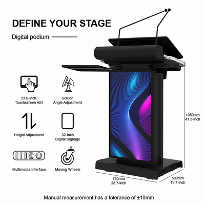 Black High Brightness Smart Podium 23.6 Inch 4K PCAP Touch Screen 32 Inch Front Signage Lectern for Conference
