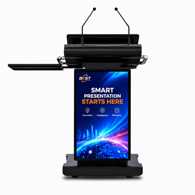 Black Smart Digital Podium 23.6 Inch Touch Screen Lectern 32 Inch Signage Electric Lift for Church School Conference