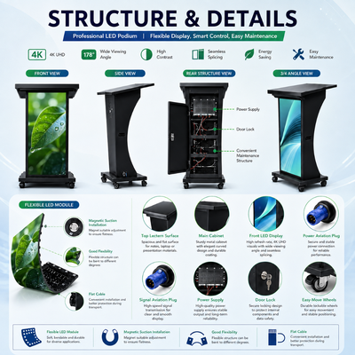 High Brightness 450-650nit GOB Curved LED Lectern Display 3840Hz 12-16Bit Grayscale Wireless Smart Control