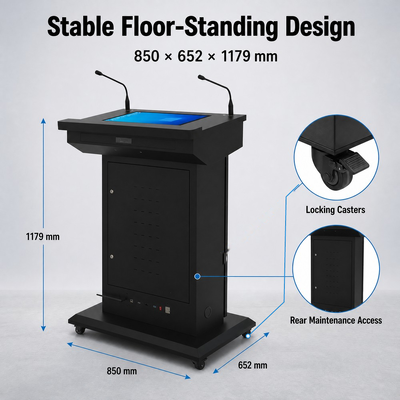 Mobile Electronic Podium 43 Inch Portrait Display 21.5 Inch Capacitive Touchscreen Locking Casters