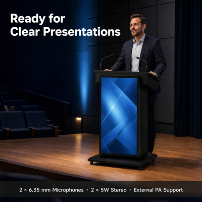 Dual Screen Smart Podium HDMI Input USB Multi Screen Display 2 Gooseneck Microphones PA Support