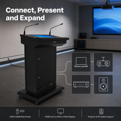 Floor Standing Digital Lectern 43 Inch Front Display 21.5 Inch Touchscreen for Training Rooms