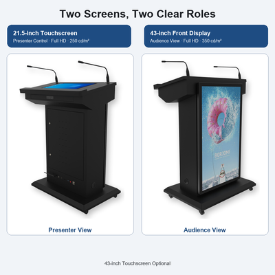 Floor Standing Digital Lectern 43 Inch Front Display 21.5 Inch Touchscreen for Training Rooms